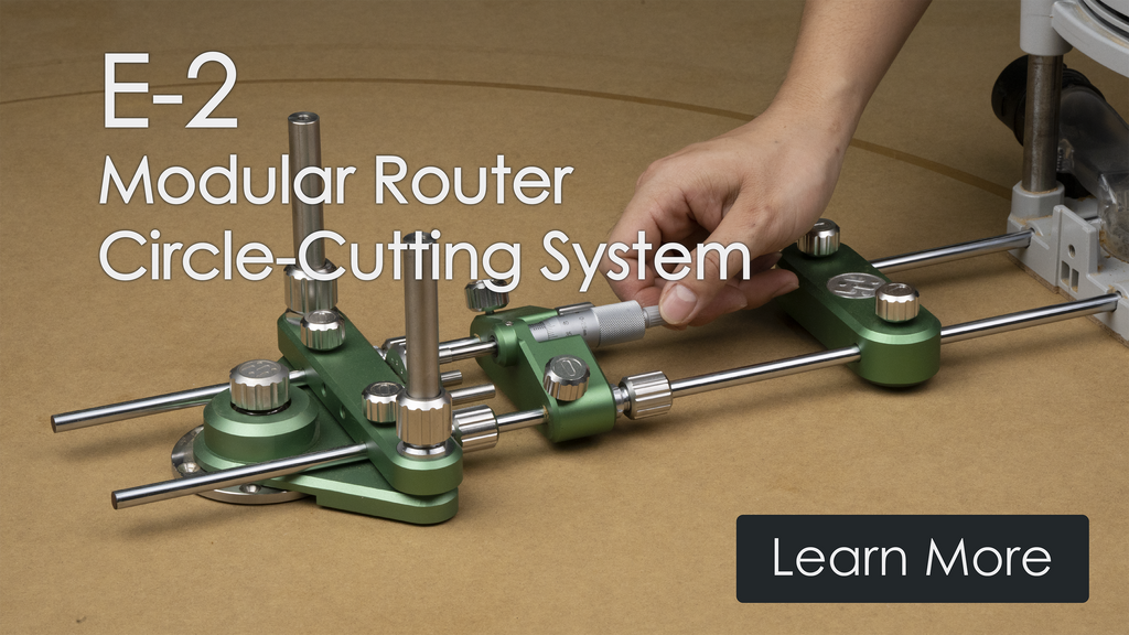Green router circle-cutting jig with mounted router and long guide rails on work surface
