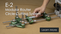 Green router circle-cutting jig with mounted router and long guide rails on work surface