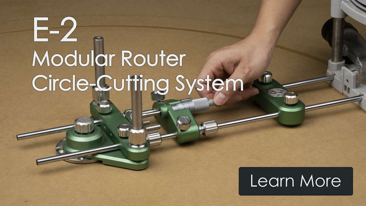 Green router circle-cutting jig with mounted router and long guide rails on work surface