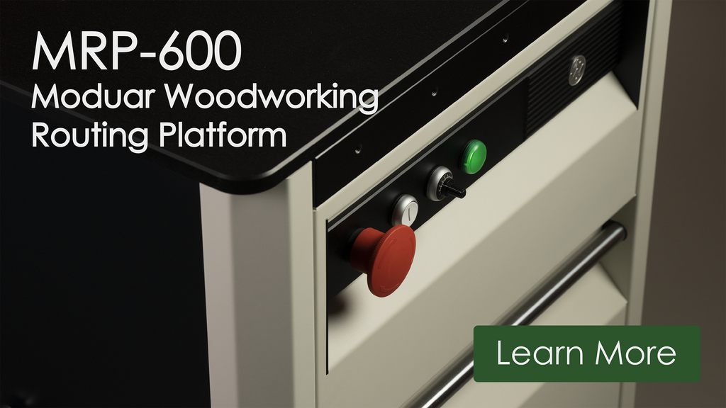 Modular routing platform front controls with red knob, green light, and metal guide rail
