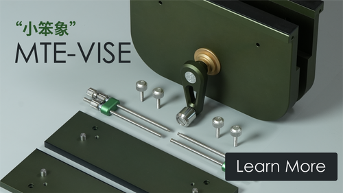 MTE-Vise vise parts with green plates, silver rods, and mounting pins for assembly