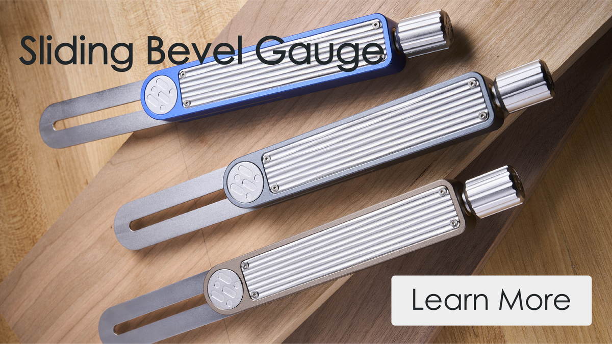 Sliding bevel gauge set with three angled blades and ridged measuring bars