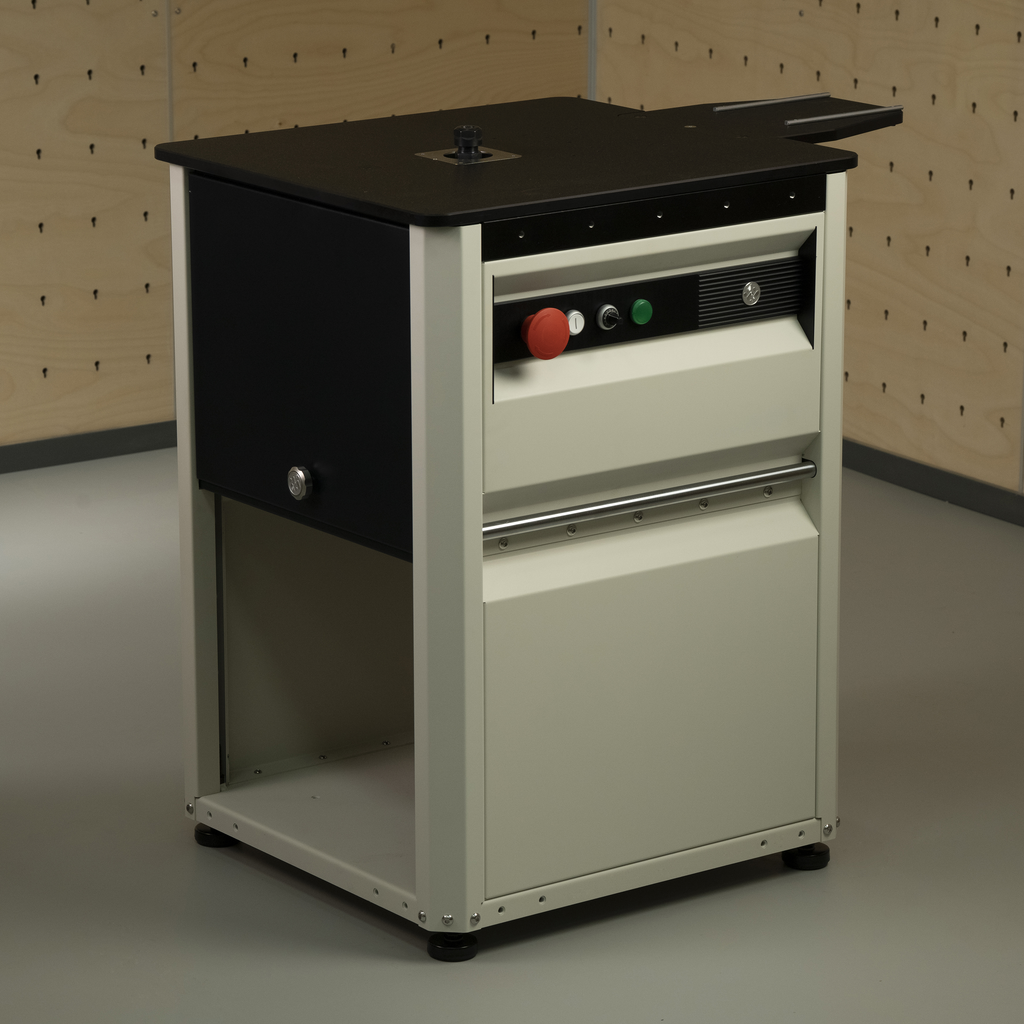 Modular woodworking routing platform with black top and gray cabinet, control panel and rails