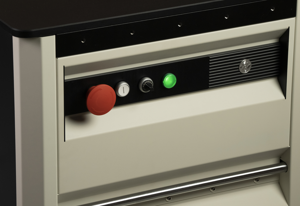 Modular routing platform front control panel with red knob, green light, and black switches