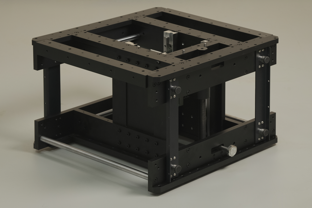 Modular woodworking routing platform frame with black rails and threaded components