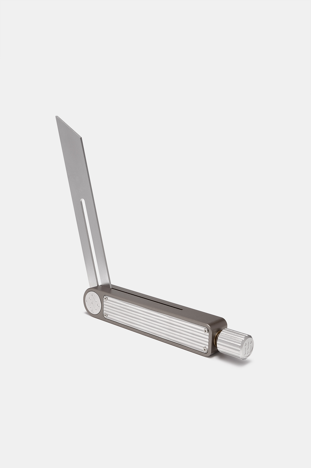 Silver sliding bevel gauge with L-shaped blade and cylindrical locking knob