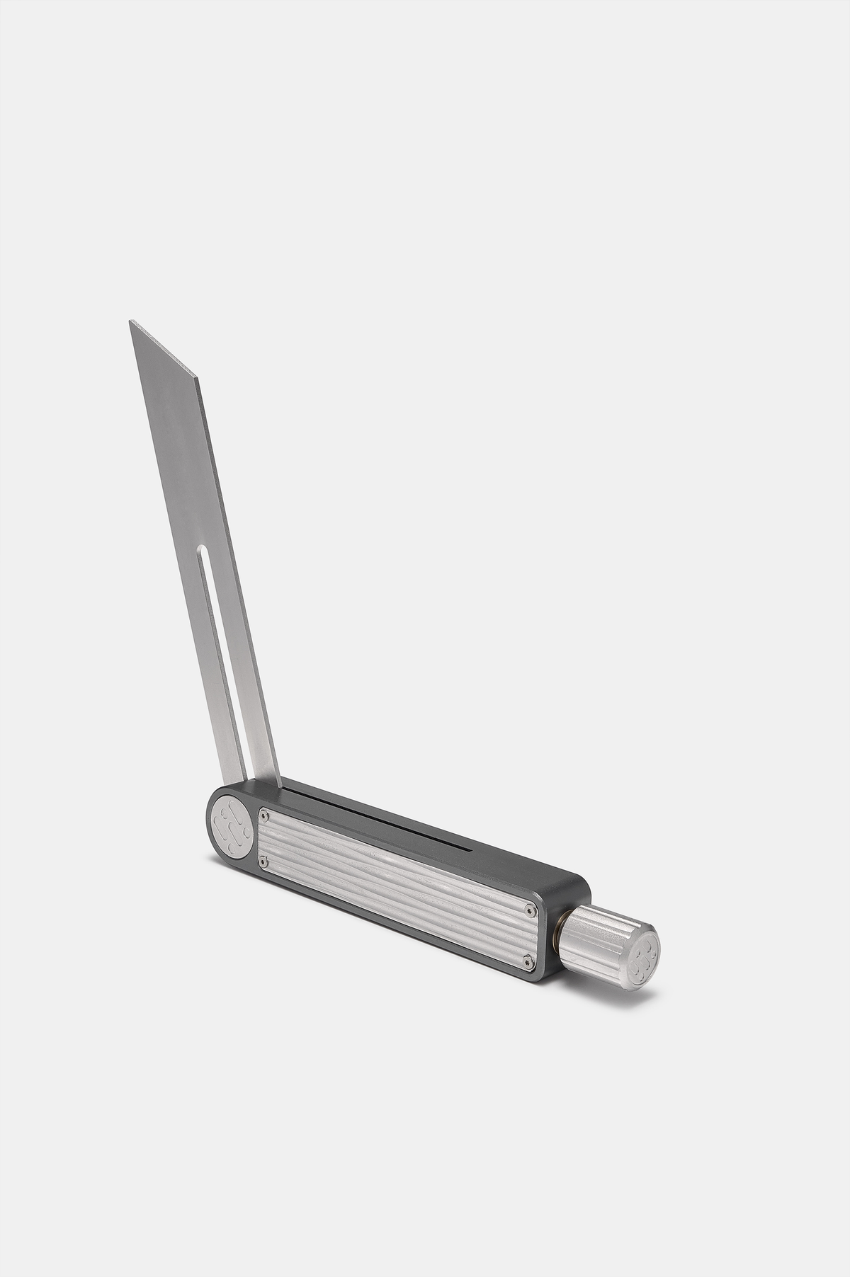 Angled silver sliding bevel gauge with ridged scale bar and locking handle