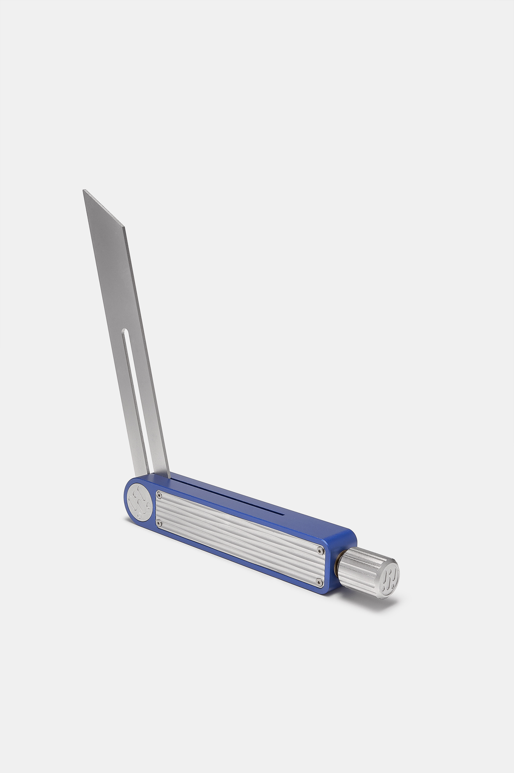 Sliding bevel gauge tool with blue base and silver metal ruler edge